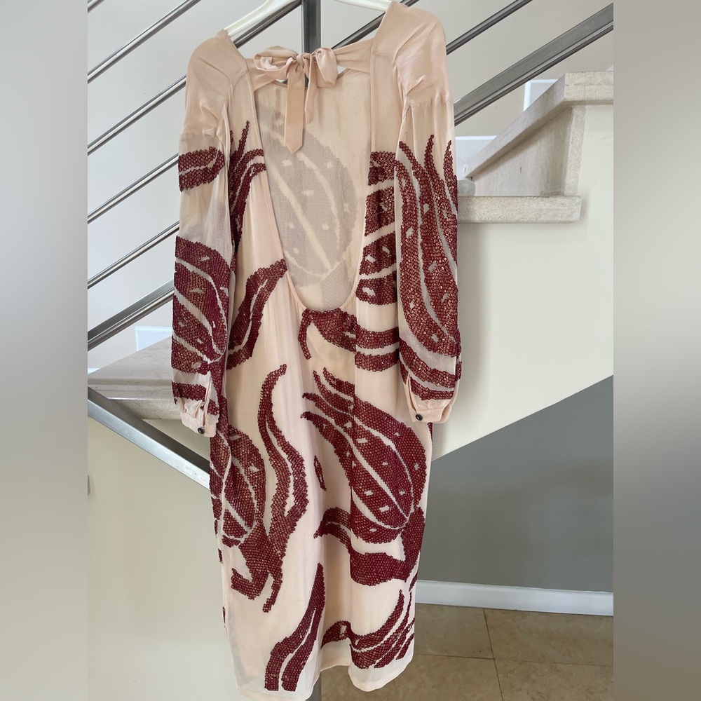VINTAGE DRIES VAN NOTEN open back Elegant Cream and Red BEADED Dress